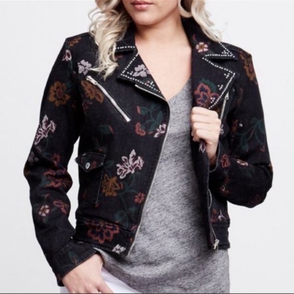 7 For All Mankind Vintage Black Floral Studded Moto Jacket - Picture 1 of 9